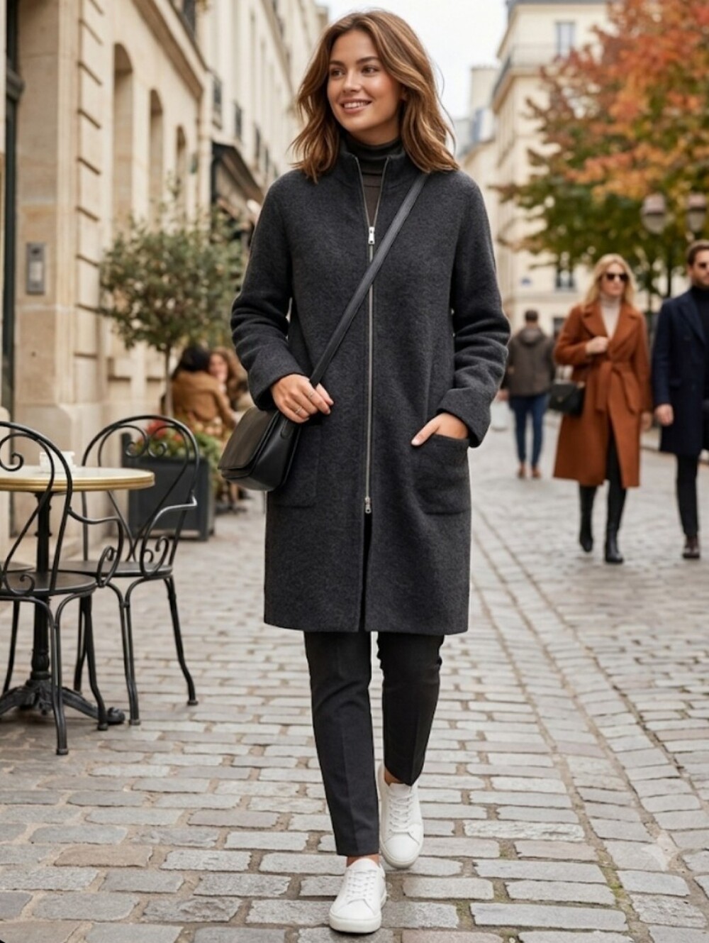 EILEEN FISHER Boiled Wool Full-Zip Stand Collar Long Coat Cardigan Jacket Gray